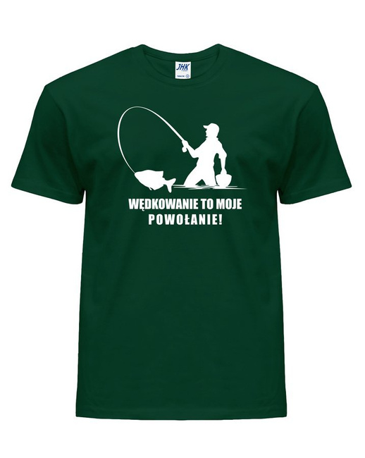 T-shirt męski dla wędkarza WĘDKOWANIE TO MOJE POWOŁANIE w kolorze butelkowej zieleni