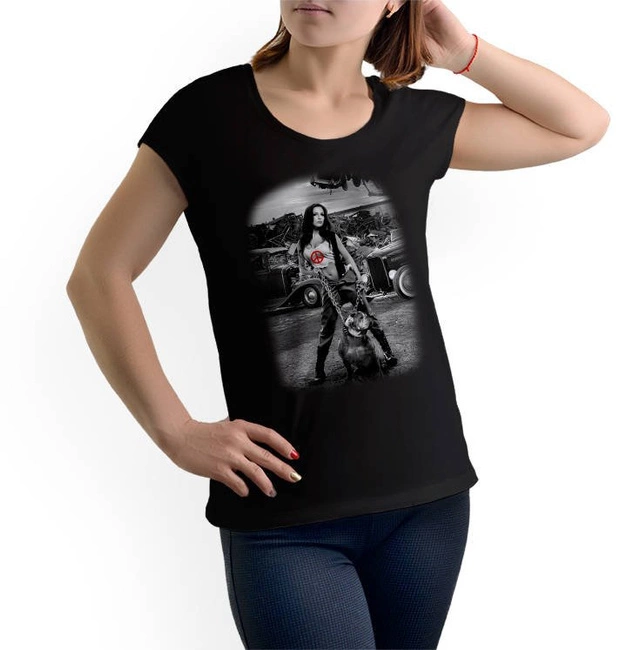 T-shirt damski oryginalny nadruk kobieta z psem anarchia