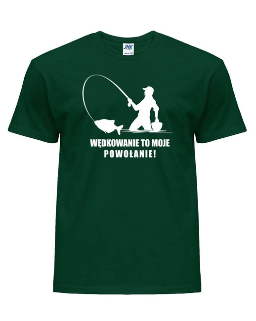 T-shirt męski dla wędkarza WĘDKOWANIE TO MOJE POWOŁANIE w kolorze butelkowej zieleni