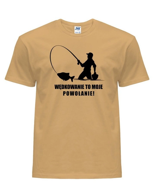 T-shirt męski dla wędkarza WĘDKOWANIE TO MOJE POWOŁANIE w kolorze piaskowym