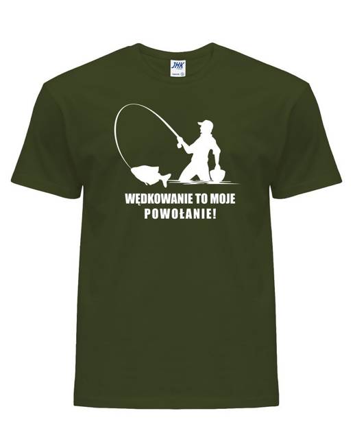 T-shirt męski dla wędkarza WĘDKOWANIE TO MOJE POWOŁANIE w kolorze forest green