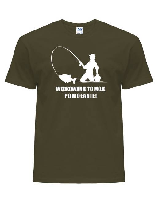 T-shirt męski dla wędkarza WĘDKOWANIE TO MOJE POWOŁANIE w kolorze khaki